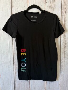 Guess Black Tee with Multicolor Sequin 'BE YOU' Side Logo Size S